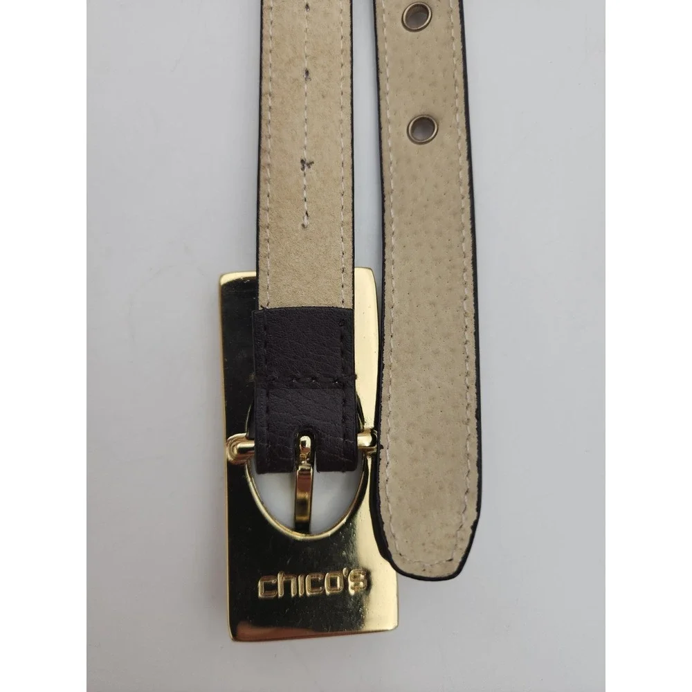 Vintage Chico's Skinny Belt Wood & Brass Rectangle Statement Buckle 35